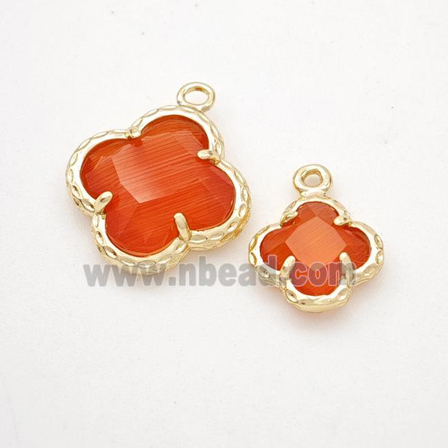 Red Cats Eye Glass Clover Pendant Gold Plated