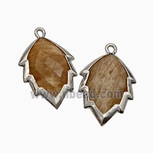 Natural Peach Sunstone Leaf Pendant Platinum Plated