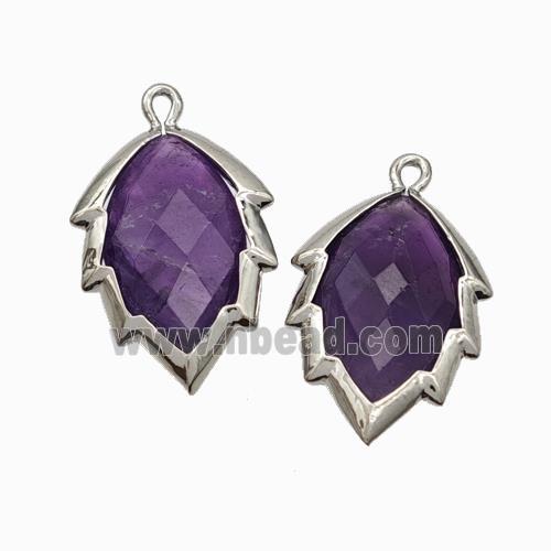 Natural Purple Amethyst Leaf Pendant Platinum Plated