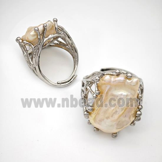 Copper Ring Pave Pearl Adjustable Platinum Plated