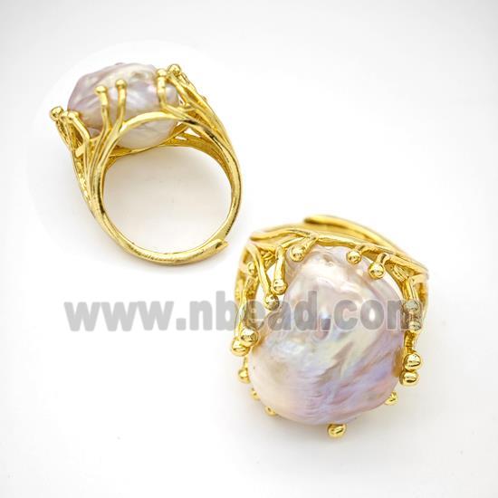 Copper Ring Pave Pearl Adjustable Gold Plated