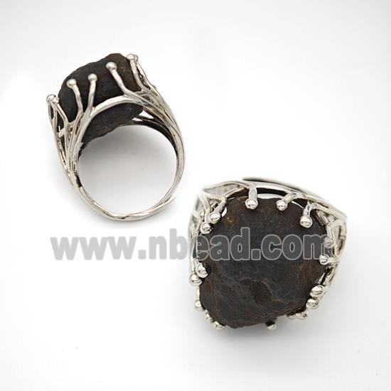 Copper Ring Pave Black Obsidian Adjustable Platinum Plated