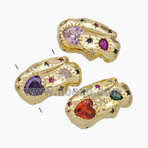 Copper Beads Pave Zirconia Multicolor Heart 2holes Gold Plated Mixed