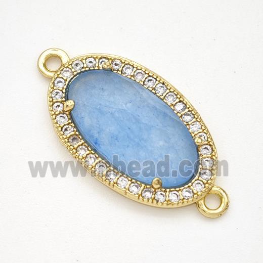 Blue Dye Jade Oval Connector Copper Pave Zirconia Gold Plated