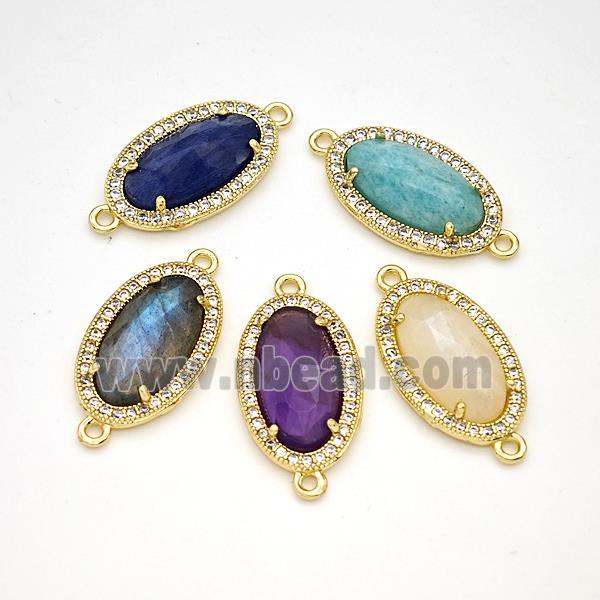 Gemstone Oval Connector Copper Pave Zirconia Gold Plated Mixed