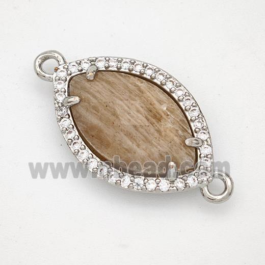 Natural Peach Sunstone Eye Connector Copper Pave Zirconia Platinum Plated