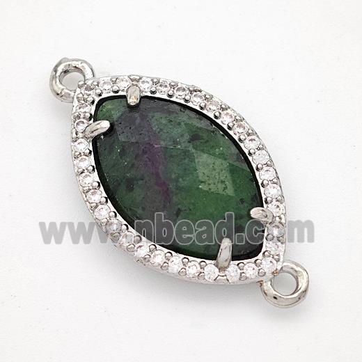 Green Zoisite Eye Connector Copper Pave Zirconia Platinum Plated