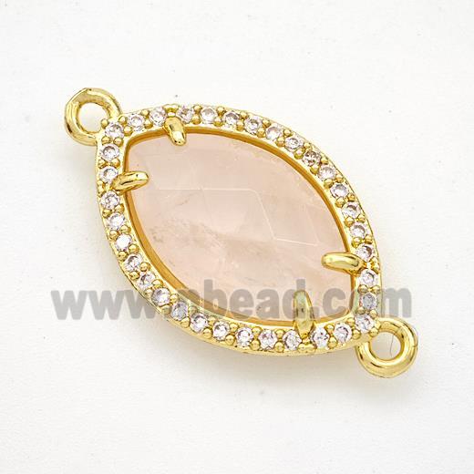 Natural Pink Rose Quartz Eye Connector Copper Pave Zirconia Gold Plated