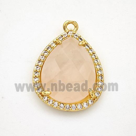 Natural Pink Rose Quartz Teardrop Pendant Copper Pave Zirconia Gold Plated