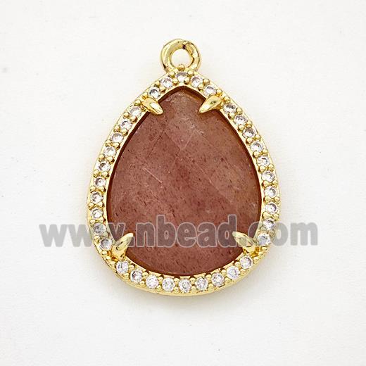 Natural Pink Strawberry Quartz Teardrop Pendant Copper Pave Zirconia Gold Plated