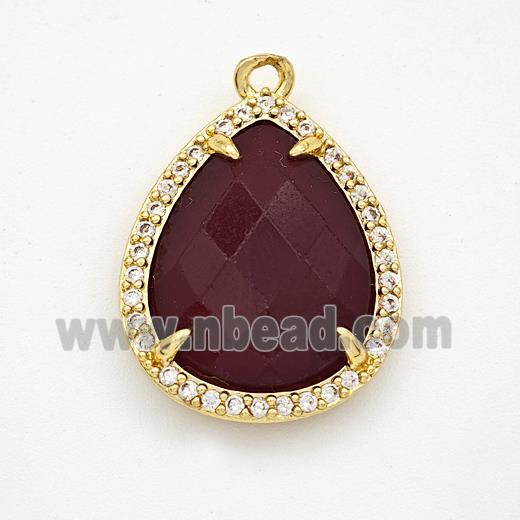 Darkred Dye Jade Teardrop Pendant Copper Pave Zirconia Gold Plated