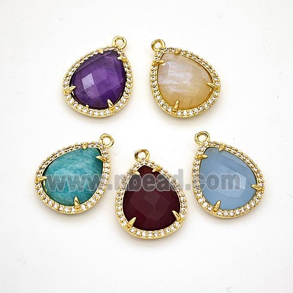 Gemstone Teardrop Pendant Copper Pave Zirconia Gold Plated Mixed