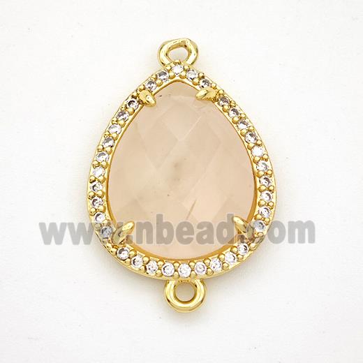 Pink Rose Quartz Teardrop Connector Copper Pave Zirconia Gold Plated