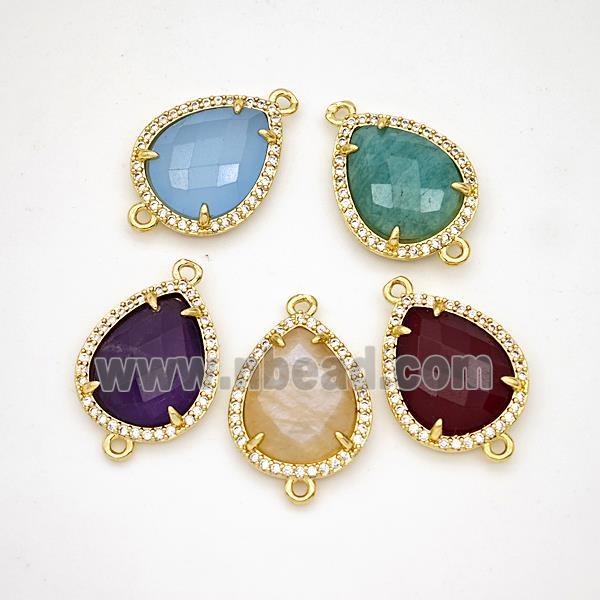 Gemstone Teardrop Connector Copper Pave Zirconia Gold Plated Mixed