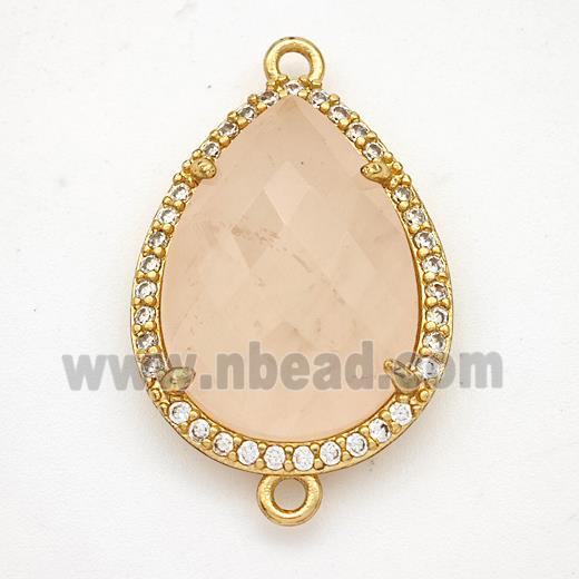 Pink Rose Quartz Teardrop Connector Copper Pave Zirconia Gold Plated