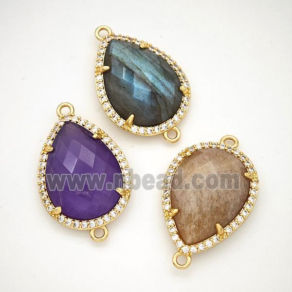 Natural Gemstone Teardrop Connector Copper Pave Zirconia Gold Plated Mixed