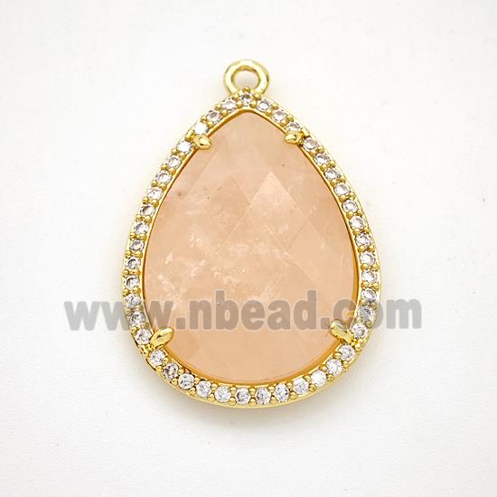 Pink Rose Quartz Teardrop Pendant Copper Pave Zirconia Gold Plated