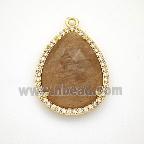 Peach Sunstone Teardrop Pendant Copper Pave Zirconia Gold Plated