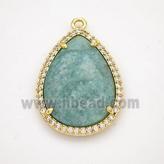 Green Amazonite Teardrop Pendant Copper Pave Zirconia Gold Plated