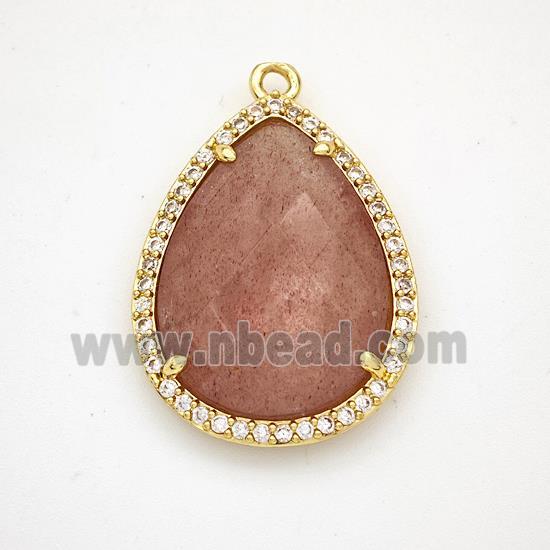 Pink Strawberry Quartz Teardrop Pendant Copper Pave Zirconia Gold Plated