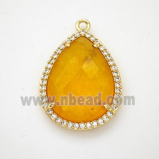 Orange Dye Jade Teardrop Pendant Copper Pave Zirconia Gold Plated