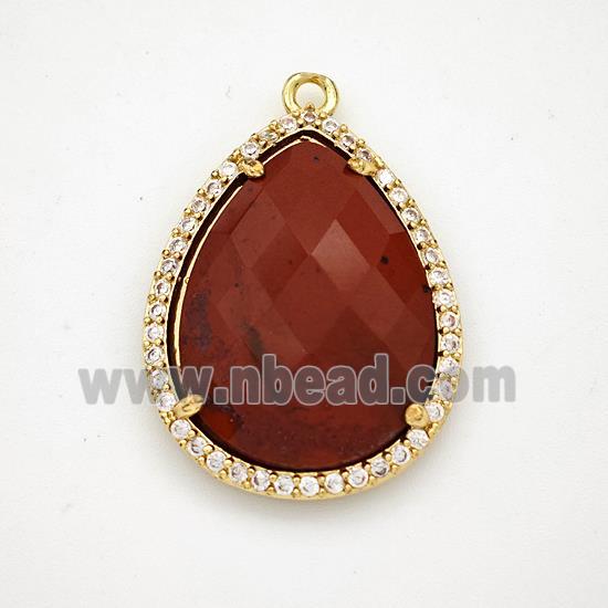 Red Jasper Teardrop Pendant Copper Pave Zirconia Gold Plated