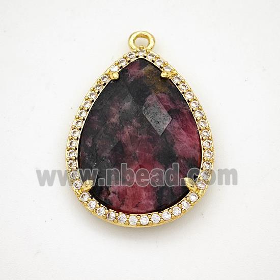 Rhodonite Teardrop Pendant Copper Pave Zirconia Gold Plated