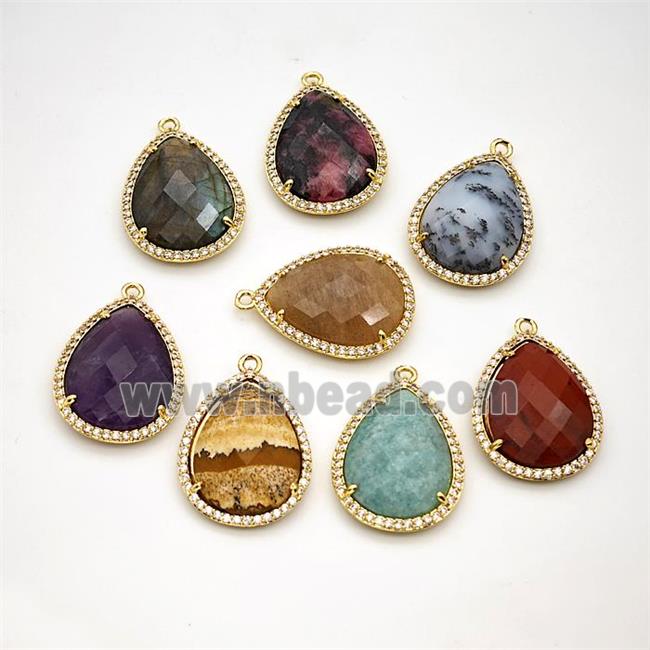 Natural Gemstone Teardrop Pendant Copper Pave Zirconia Gold Plated Mixed