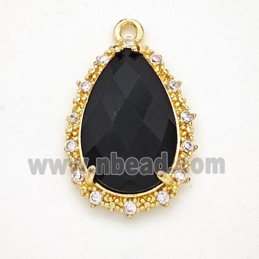 Black Obsidian Teardrop Pendant Copper Pave Zirconia Gold Plated