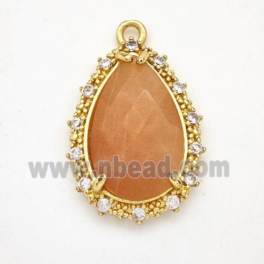 Peach Sunstone Teardrop Pendant Copper Pave Zirconia Gold Plated