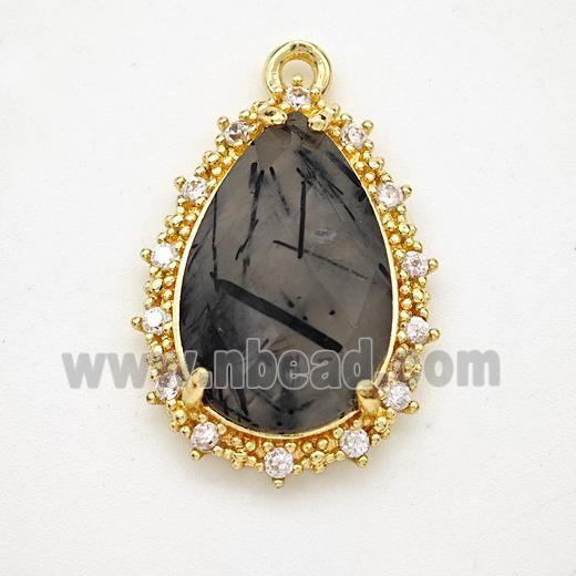 Black Rutilated Quartz Teardrop Pendant Copper Pave Zirconia Gold Plated