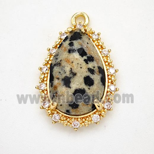 Black Dalmatian Jasper Teardrop Pendant Copper Pave Zirconia Gold Plated