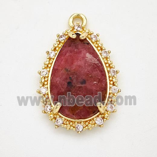 Red Rhodonite Teardrop Pendant Copper Pave Zirconia Gold Plated