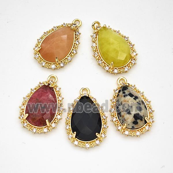 Natural Gemstone Teardrop Pendant Copper Pave Zirconia Gold Plated Mixed