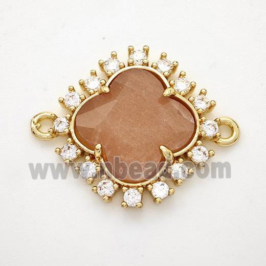 Natural Peach Moonstone Clover Connector Copper Pave Zirconia Gold Plated