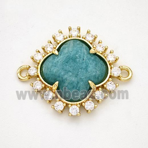 Natural Green Amazonite Clover Connector Copper Pave Zirconia Gold Plated