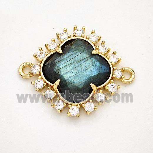 Natural Labradorite Clover Connector Copper Pave Zirconia Gold Plated