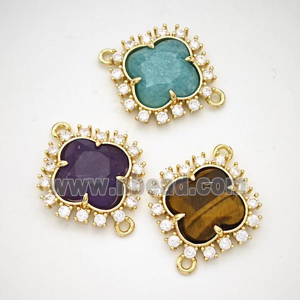 Natural Gemstone Clover Connector Copper Pave Zirconia Gold Plated Mixed