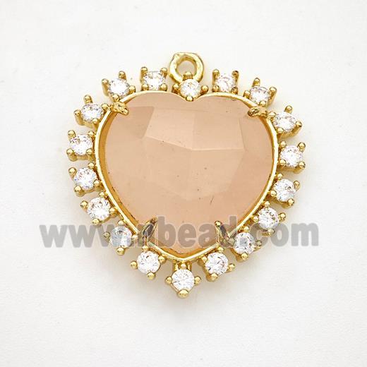 Natural Pink Rose Quartz Heart Pendant Copper Pave Zirconia Gold Plated