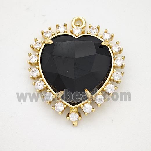 Natural Black Obsidian Heart Pendant Copper Pave Zirconia Gold Plated