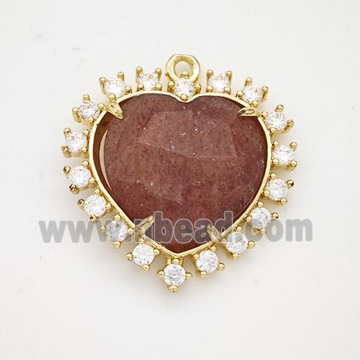 Natural Strawberry Quartz Heart Pendant Copper Pave Zirconia Gold Plated