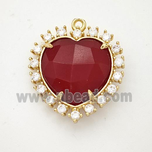 Natural Agate Red Dye Heart Pendant Copper Pave Zirconia Gold Plated