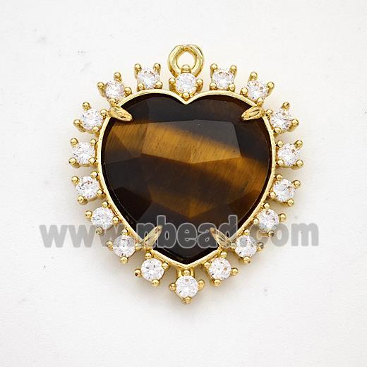 Natural Tiger Eye Stone Heart Pendant Copper Pave Zirconia Gold Plated