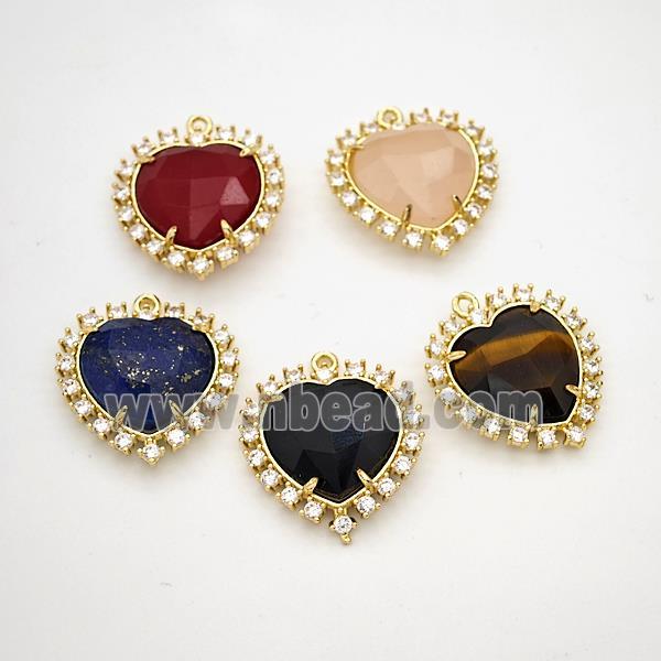 Natural Gemstone Heart Pendant Copper Pave Zirconia Gold Plated Mixed