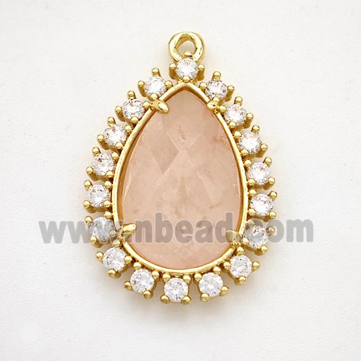 Pink Rose Quartz Teardrop Pendant Copper Pave Zirconia Gold Plated