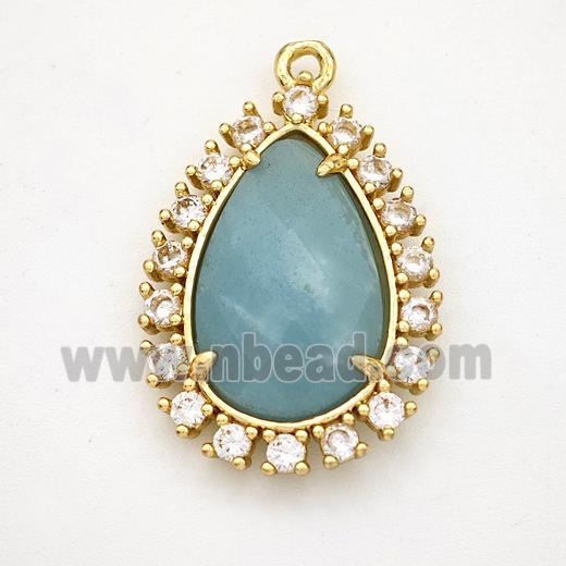 Blue Amazonite Teardrop Pendant Copper Pave Zirconia Gold Plated