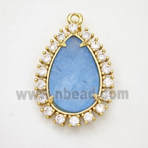 Blue Dye Jade Teardrop Pendant Copper Pave Zirconia Gold Plated