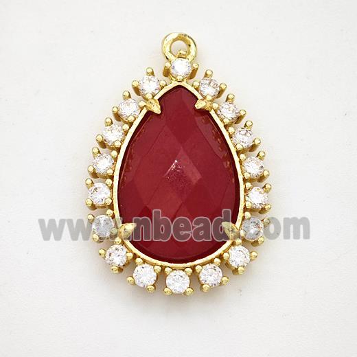 Red Dye Jade Teardrop Pendant Copper Pave Zirconia Gold Plated