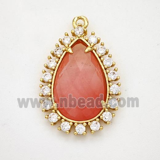 Pink Dye Jade Teardrop Pendant Copper Pave Zirconia Gold Plated