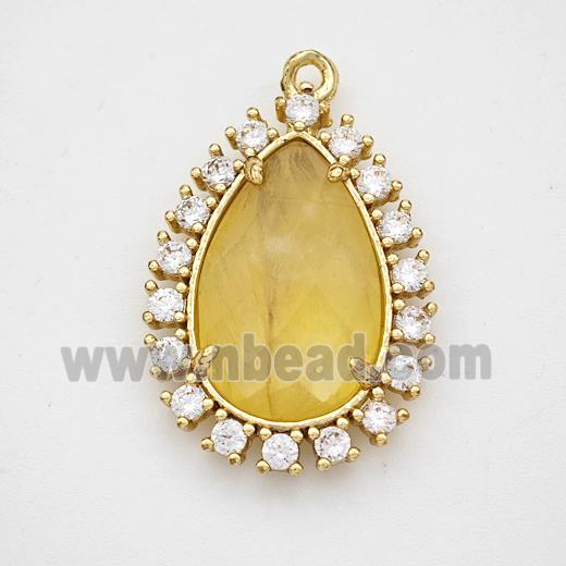 Yellow Dye Jade Teardrop Pendant Copper Pave Zirconia Gold Plated